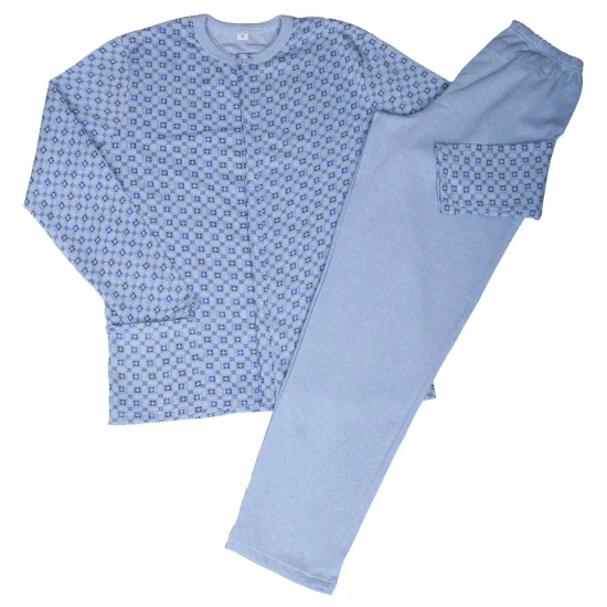 Пижами с дълъг ръкав Мъжка зимна пижама с копчета, лека вата, син цвят